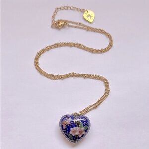 New Heart Enamel Pendant Necklace, Blue, Gold, Pink & Green Floral